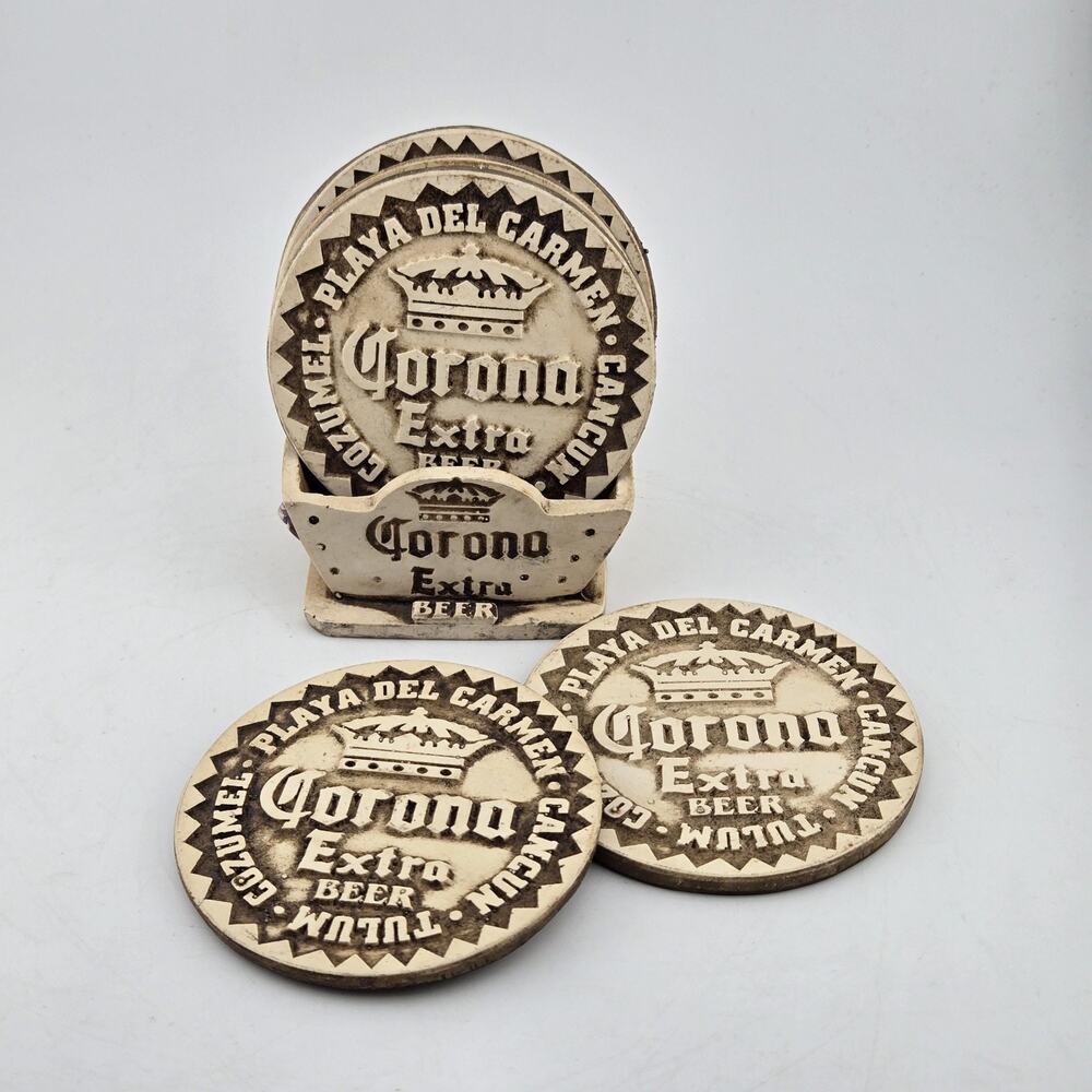 Corona Extra Beer Coaster Set Holder Mexico Souvenir Cancun Tulum Resin Rustic